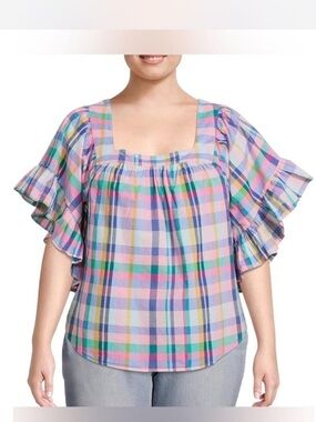 Terra & Sky Plaid Square Neck Ruffle Sleeve Cotton Blouse 4X